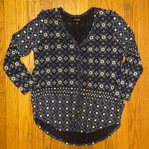 Lucky Brand Blue Tan Print Boho Button Down Shirt Women’s S